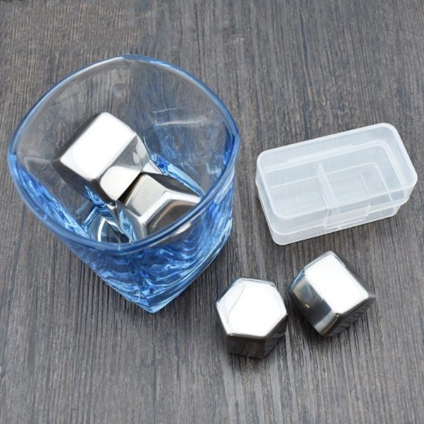 Stainless steel ice cubes in glass